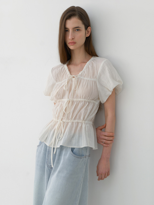 SHIRRING 3-RIBBON PUFF BLOUSE(BL-4318)