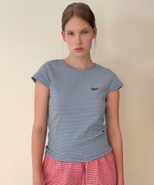 시눈(SINOON) Stripe Cap Sleeve T-shirt (Blue) - 사이즈