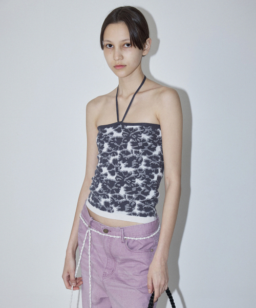 NECK STRAP FLORAL TUBE TOP - DARK GREY