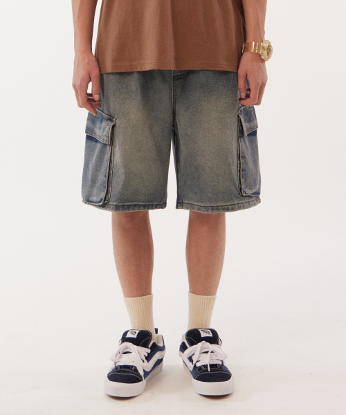 Damage cargo denim shorts_Blue