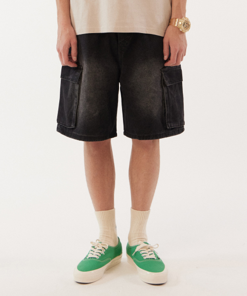 Damage cargo denim shorts_Black