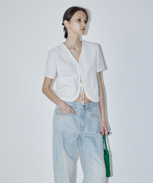 V-NECK SUMMER TWEED JACKET - WHITE