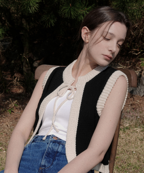 Ribbon Cotton Knit Sleeveless Vest (black)