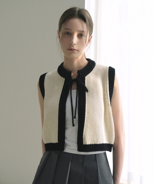 Ribbon Cotton Knit Sleeveless Vest (ivory)