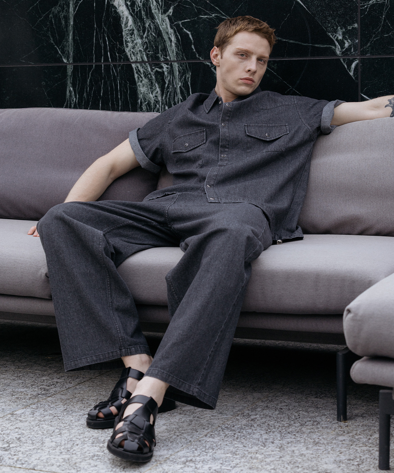 [SET] Cool Flow Denim Short Sleeve Set [Raw Black]
