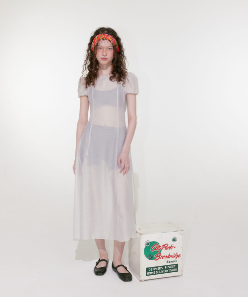 【LOULOUSEOUL】Sheer Puff Long Dress (Ivory) La Lune Otto Puff Sleeve Contour Mini Dress | Ivory