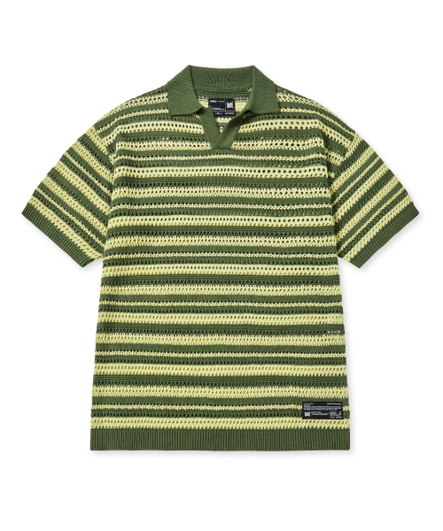 STRIPE PUNCHING COLLAR KNIT - KHAKI