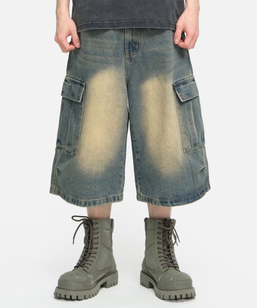 Джинсовые бермуды карго с защипами (Washed Blue)