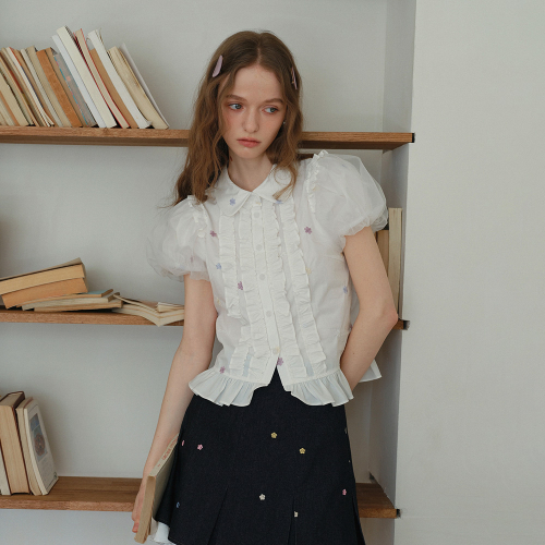 Cest_Flower mesh puff sleeve shirt
