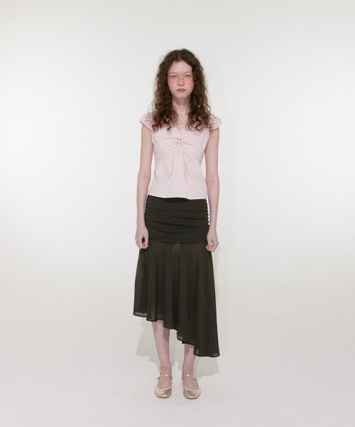 루루서울(LOULOUSEOUL) Olivia Shirring Midi Skirt (Brown