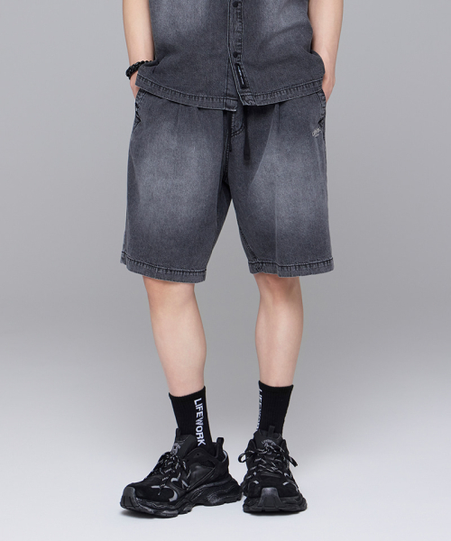 라이프워크() 린넨 혼방 풀밴딩 데님 하프 팬츠 상품 이미지