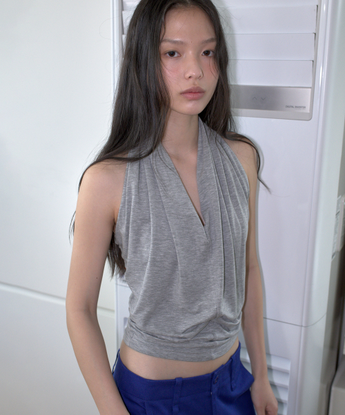 DRAPED HALTER TOP_MELANGE GREY