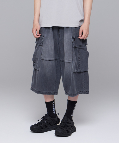 라이프워크() 브러쉬 원턱 카고 데님 버뮤다 팬츠 상품 이미지