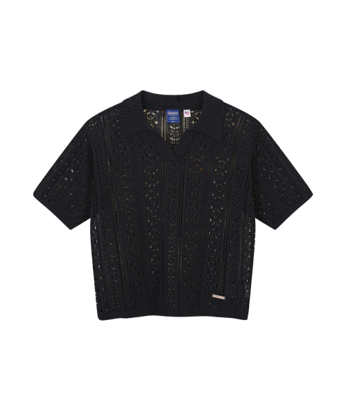 W OPEN COLLAR CABLE KNIT (NAVY)