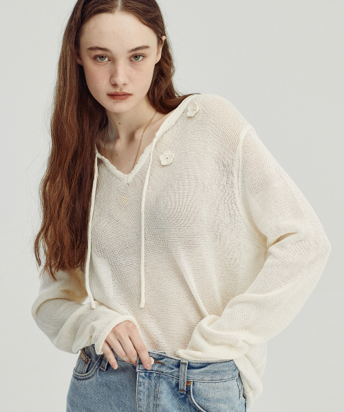 Flower Ribbon V-neck вязаный пуловер [3 colors]