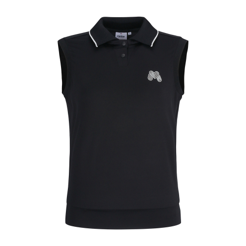 Knit Open Collar Embossed Sleeveless_BLACK