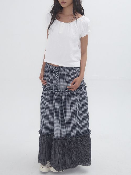 익스파이어드걸(EXPIRED GIRL) Frill Check Maxi Skirt Navy