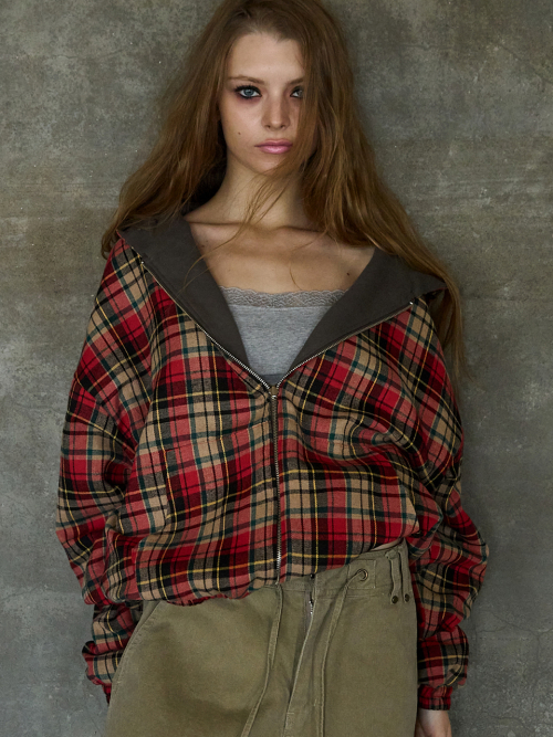 Check Hoodie Zip up Cinnamon