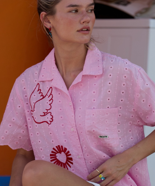 무드베러(MOODBETTER) BIRDS EMBROIDERY EYELET SHORT SLEEVE SHIRTS PINK - 사이즈 & 후기 | 무신사