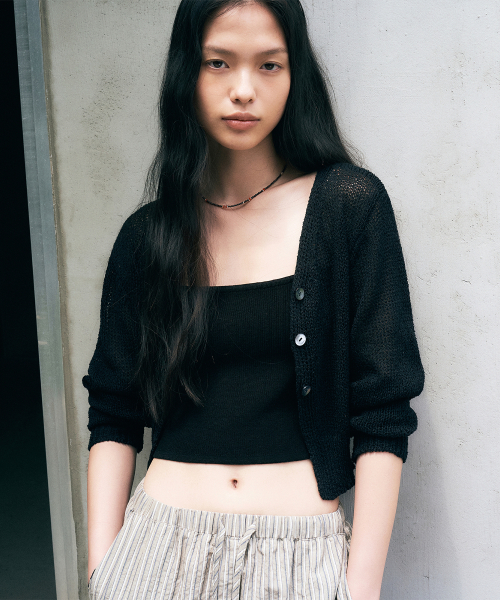 Slub Three-Button Crop Cardigan (Black)