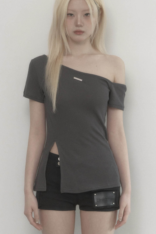 One-shoulder Basic Slit Top (Charcoal)