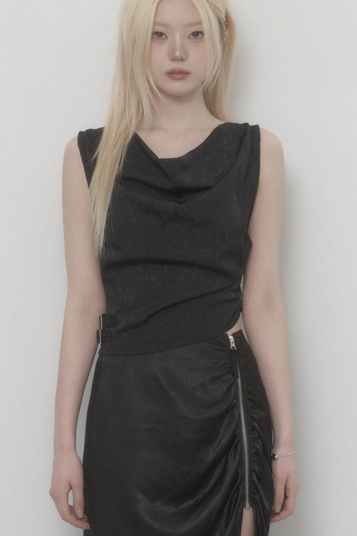 Draped Belt Satin Tank Top (Black)