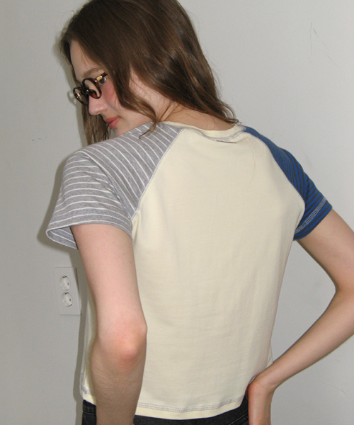 론론(RONRON) MULTI STRIPE STITCH RAGLAN T SHIRT SOFT YELLOW