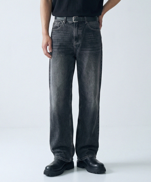 Wide washed denim pants [Black]