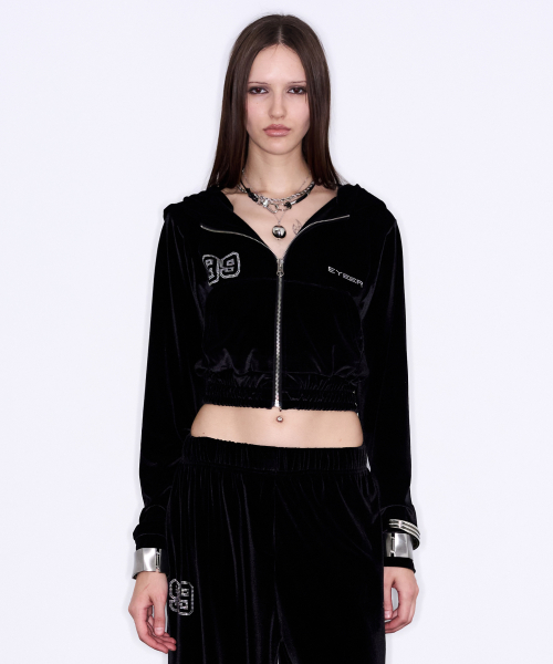 Hotfix Velvet Hooded Zip-up - Black