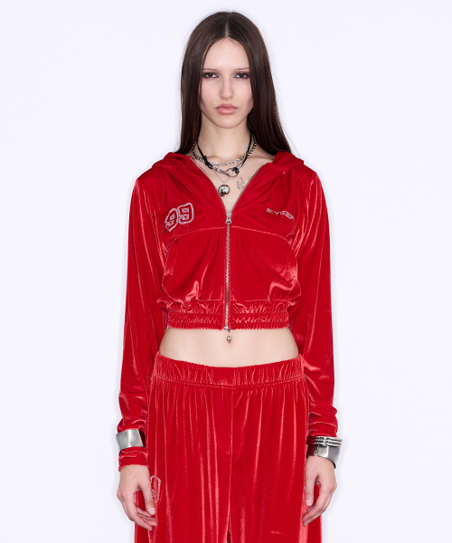 Hotfix Velvet Hooded Zip-up - Red