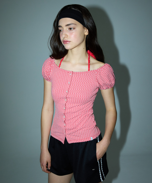 RIA CHECK PUFF OFF-SHOULDER CARDIGAN - RED