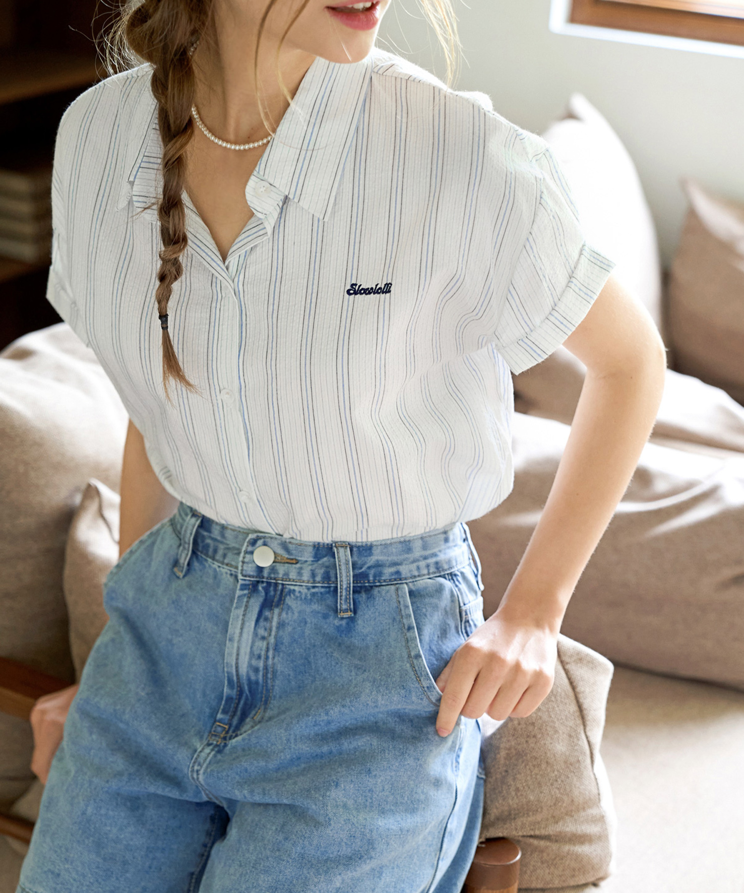 Contrast stripe short-sleeve shirt - White