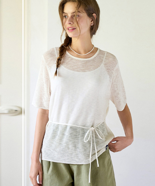 슬로우롤리() Strap short-sleeve knit - Ivory 상품 이미지