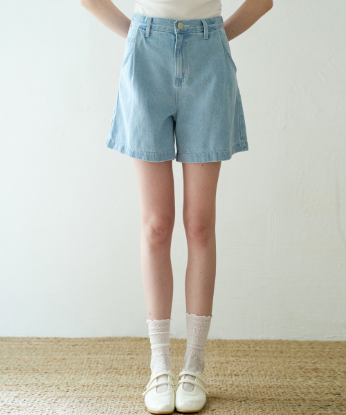 슬로우롤리() Banded pintuck denim short pants - Light Indigo 상품 이미지