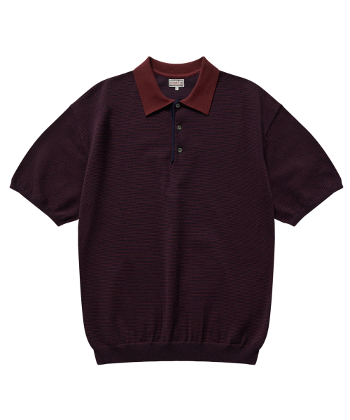 Half-Open Collar Short-Sleeved Stripe Knit (Navy)