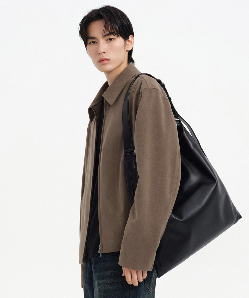 SYNTHETIC LEATHER SLOUCHY SHOULDER BAG [BLACK]