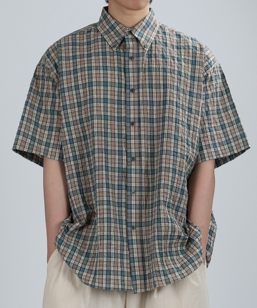 STAINED CHECK OVER SHIRT (GREEN)