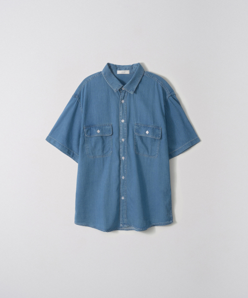 Two-pocket denim short-sleeved shirt_Blue