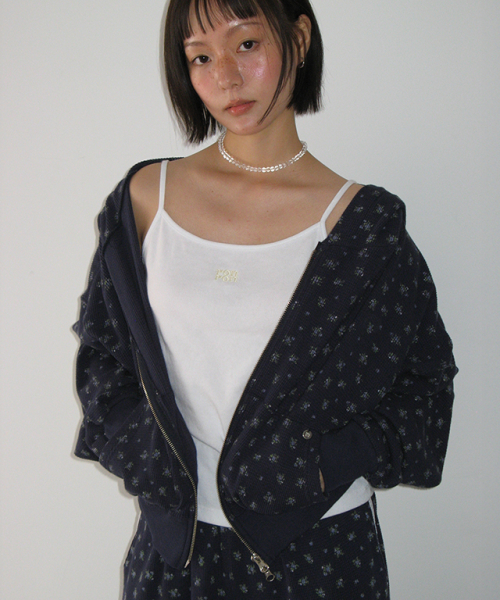 WALFFLE FLORAL HOODED ZIP UP NAVY
