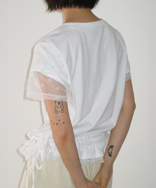 韓国人気【RONRON】DOT MESH FRILL SHORT SLEEVE T SHIRT T-shirts - RONRON 론론