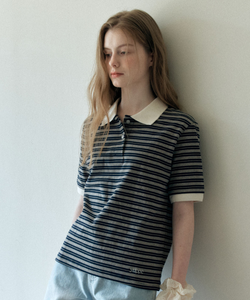 BUTTON STRIPE T-SHIRT_NAVY