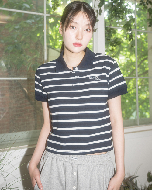 W FF STRIPE PK COLLAR S/S TEE(NAVY)
