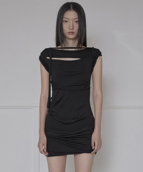 Asymmetrical Draped Strap Roll-Up Dress (FL-171_Black)