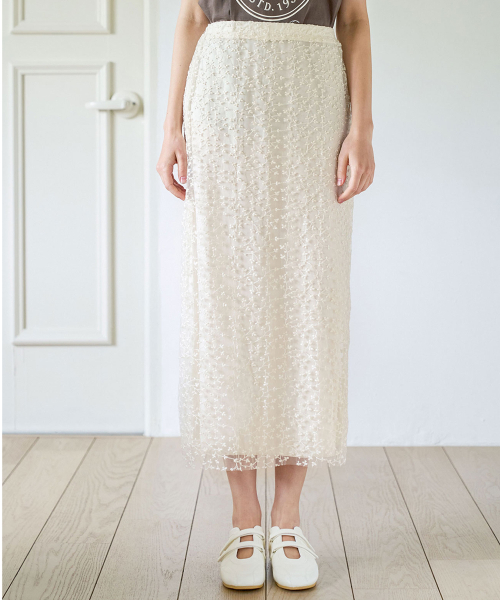 슬로우롤리() Floral chiffon shirring long skirt - Cream 상품 이미지