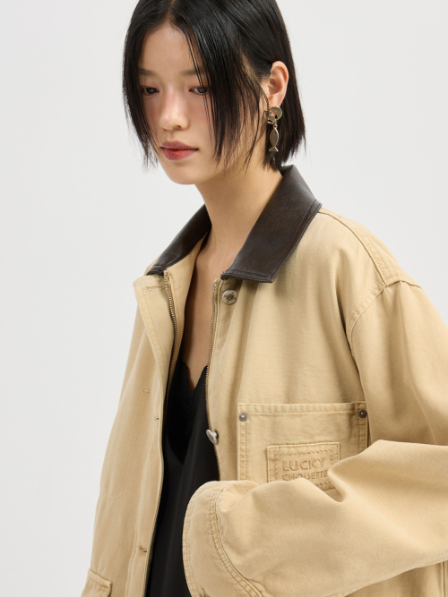 Fake Leather Collar Denim Jumper (dark beige) LFPDM25360BED