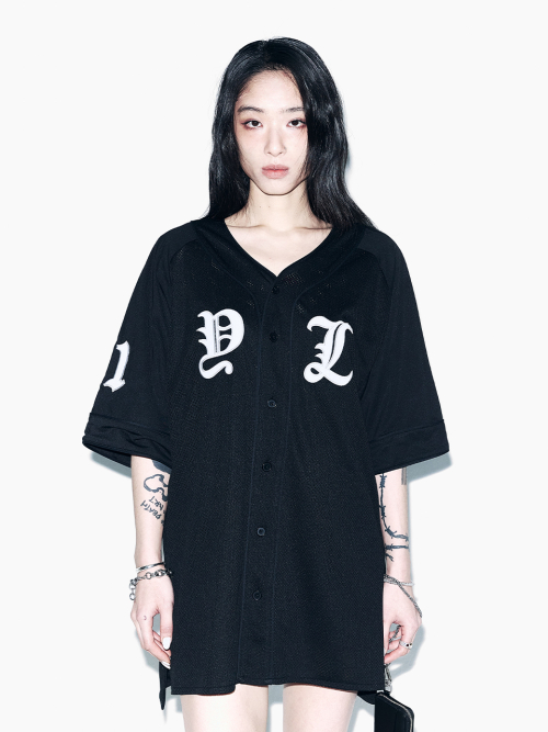 [YEEL] APPLIQUE MESH BASEBALL JACKET ★大人気★ 와이이이엘(YEEL) CUBIC APPLIQUE MESH BASEBALL JACKET BLACK