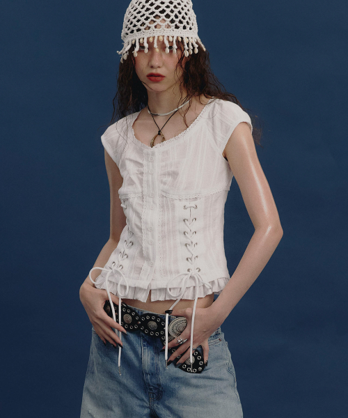 낫노잉(NOTKNOWING) Eyelet Lace Up Blouse (WHITE) - 사이즈 & 후기 