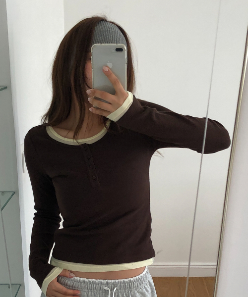Layered Henry Neck Long Sleeve T-Shirt/WHLAG2283F