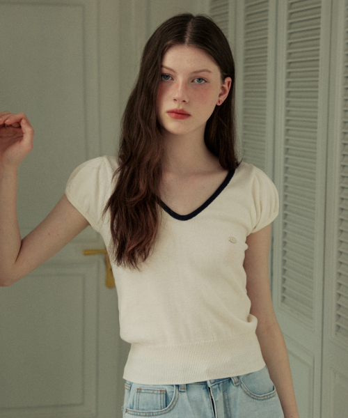 Back ribbon coloring v-образный вырез puff knit - white