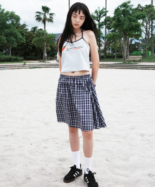 원더비지터() Check flare midi Skirt [Navy] 상품 이미지